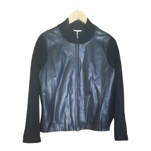 Pendleton Womens Black Leather Wool Mixed Media Zip Jacket Size Medium Petite